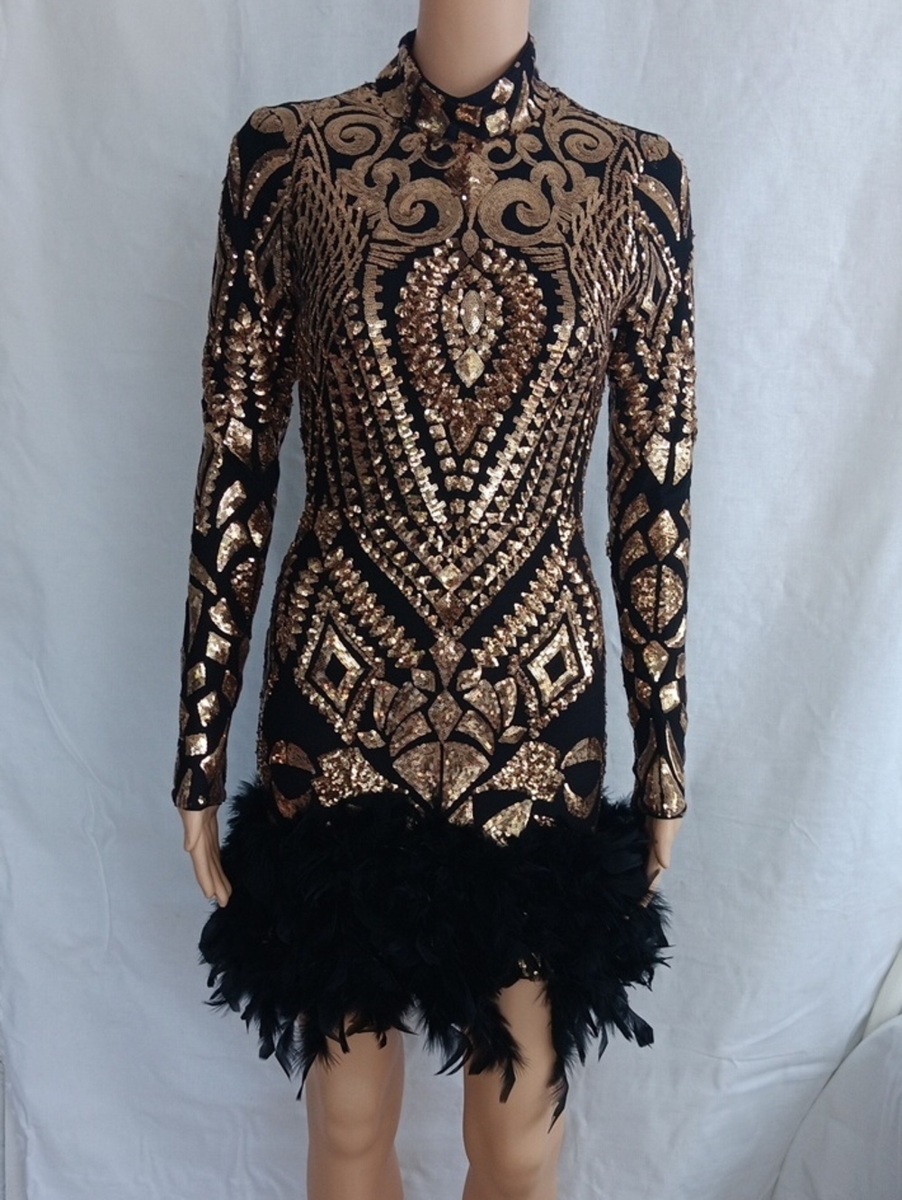 New Fashion Nova Black and Gold Sequin Feather Hem Mini Dress Size S